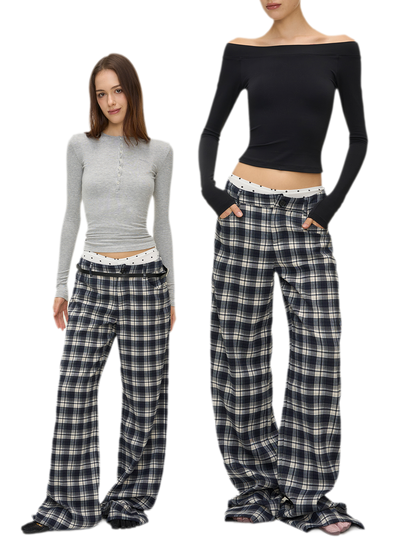 Brushed Plaid Wide-Leg Pants