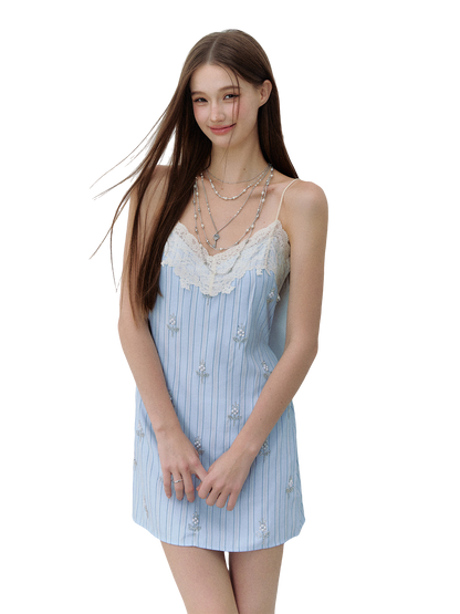 Maritime Love Letter Lace-Embellished Striped Dress