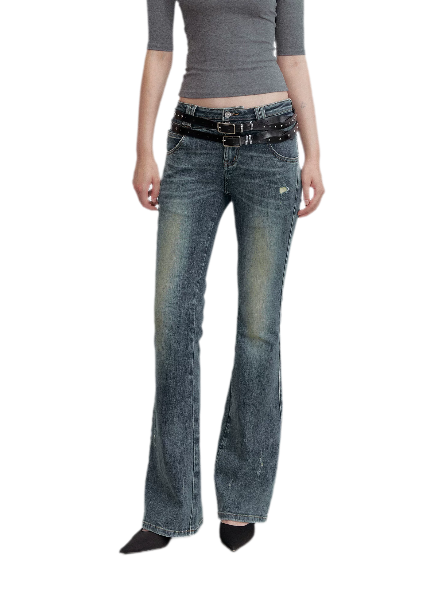 Washed Whisker Flared Jeans