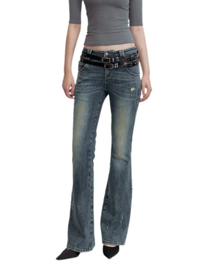 Washed Whisker Flared Jeans