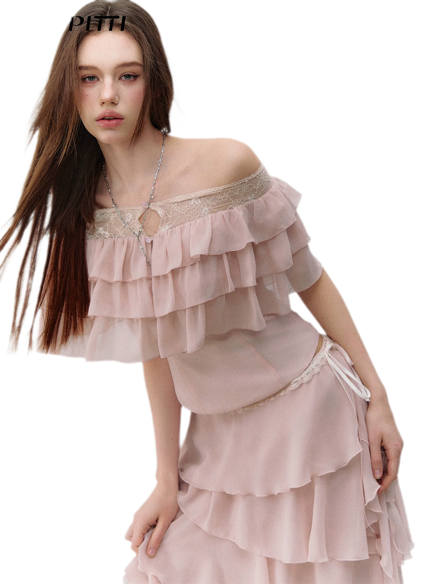 Layered Chiffon Lace Off-Shoulder T-Shirt