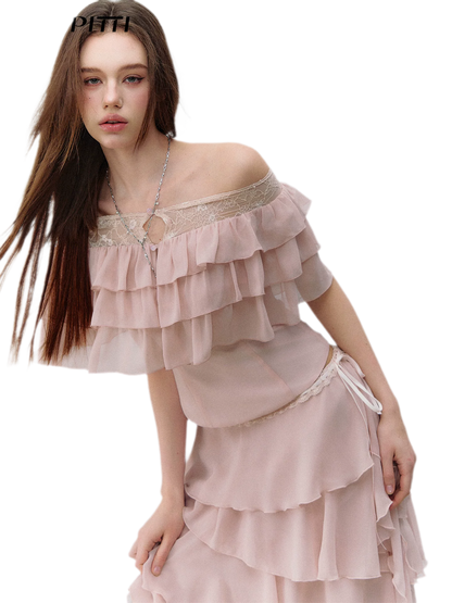 Layered Chiffon Lace Off-Shoulder T-Shirt