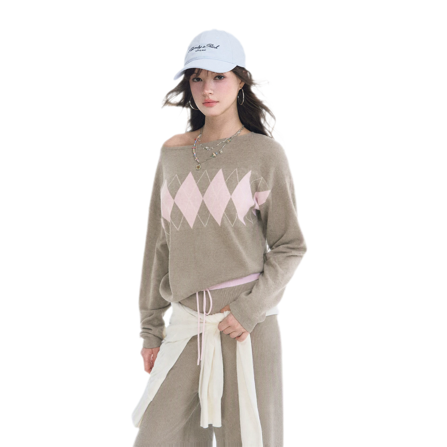 Argyle Off-Shoulder Knit Set