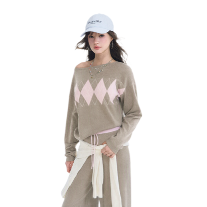 Argyle Off-Shoulder Knit Set