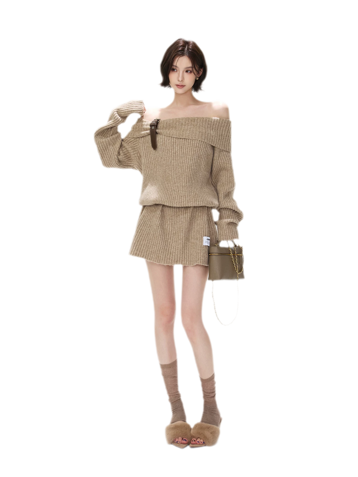 Aufgerautes geripptes One-Shoulder-Strickkleid