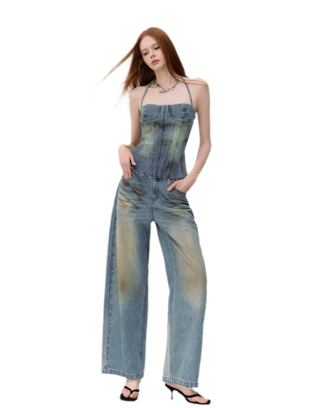 Denim Halter Top and Wide-Leg Jeans Set