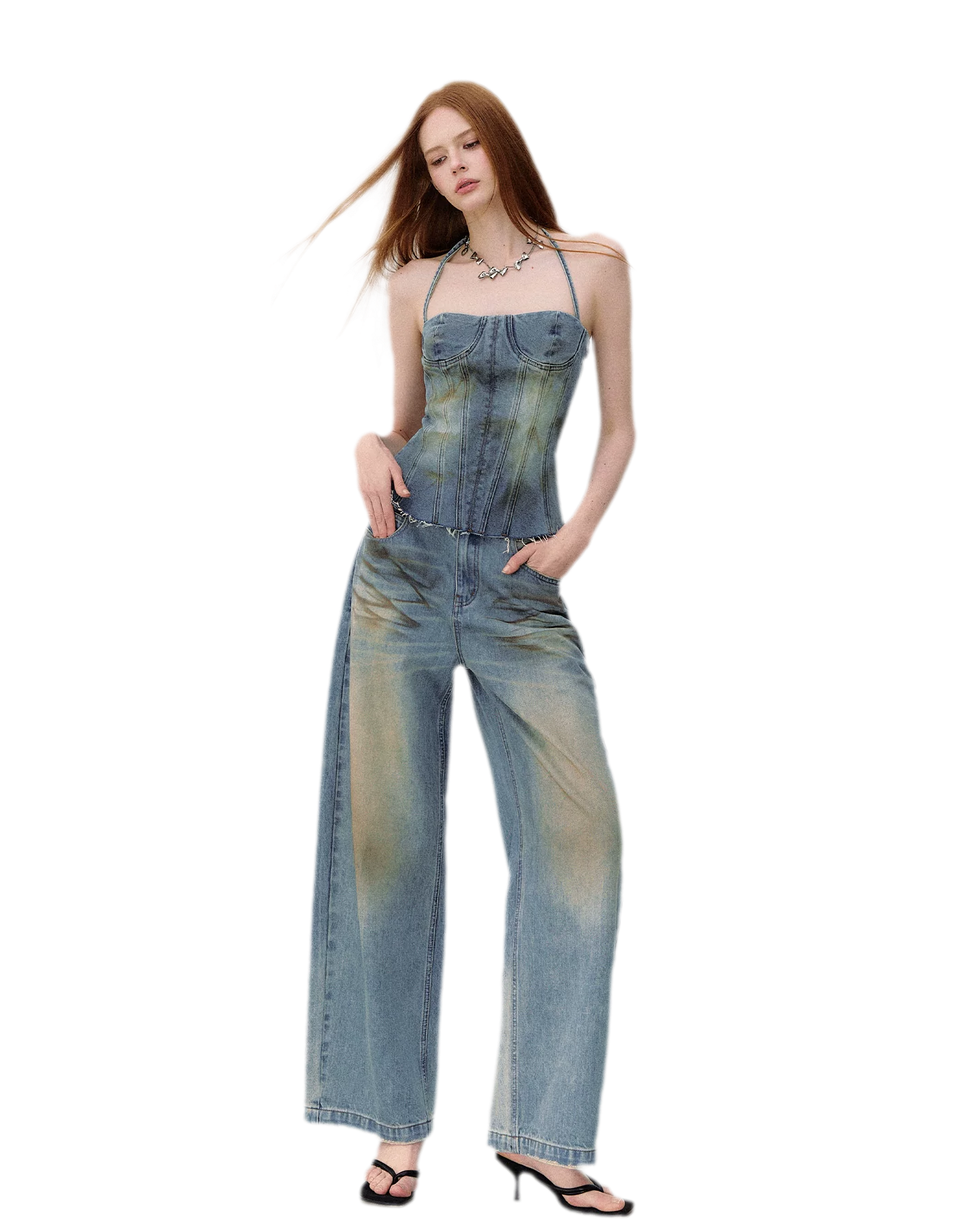 Denim Halter Top and Wide-Leg Jeans Set