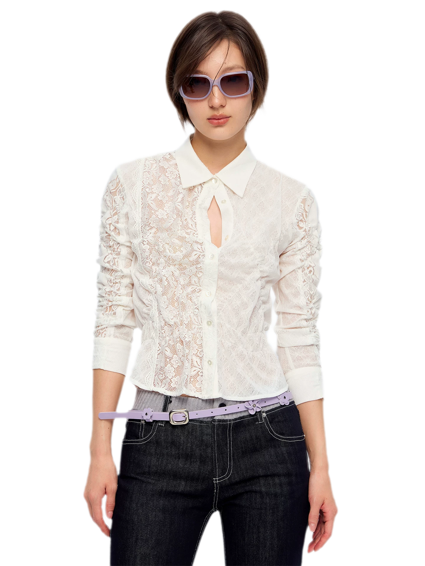 Lace Shirred Peplum Blouse