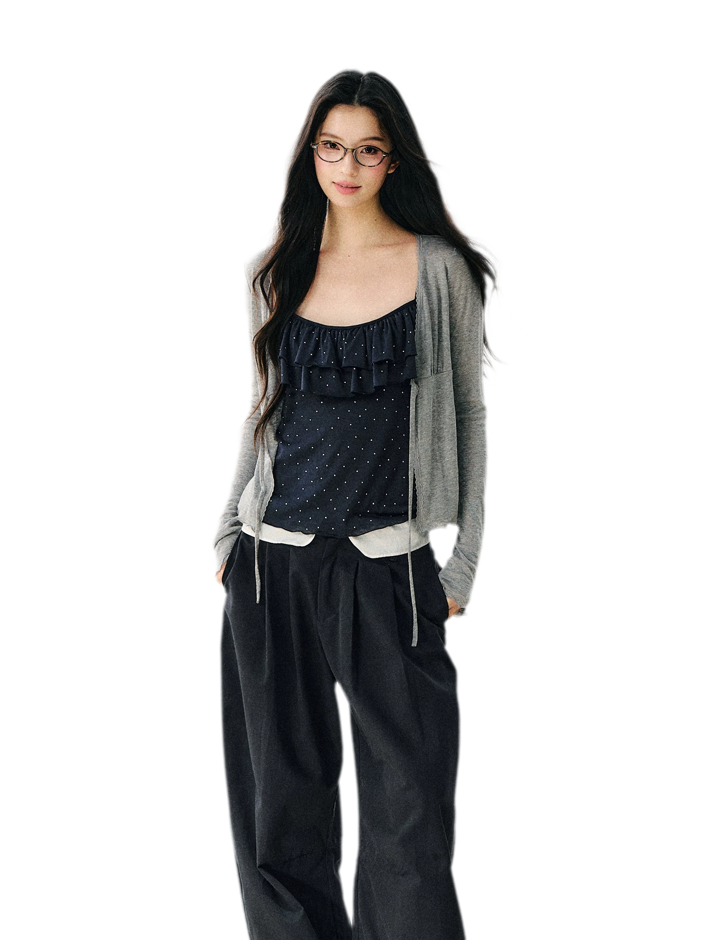 Sheer Drawstring Ruffle Cardigan