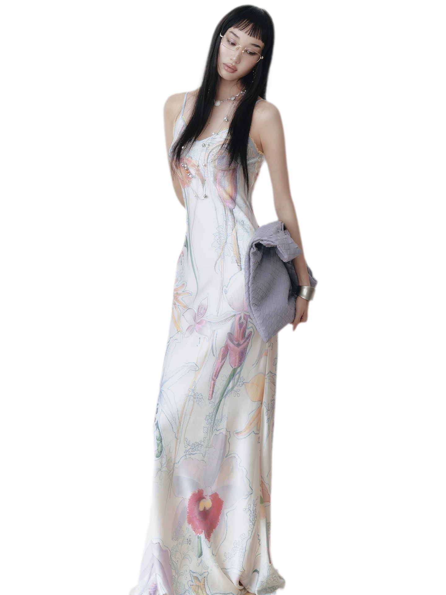 Botanical Print Bias-Cut Camisole Long Dress