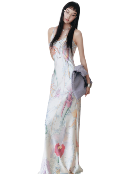 Botanical Print Bias-Cut Camisole Long Dress