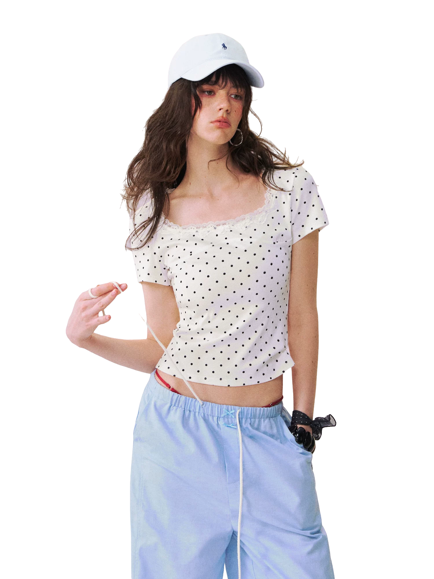 Square Neck Lace-Panel Slim T-shirt
