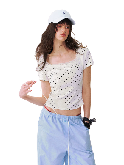 Square Neck Lace-Panel Slim T-shirt