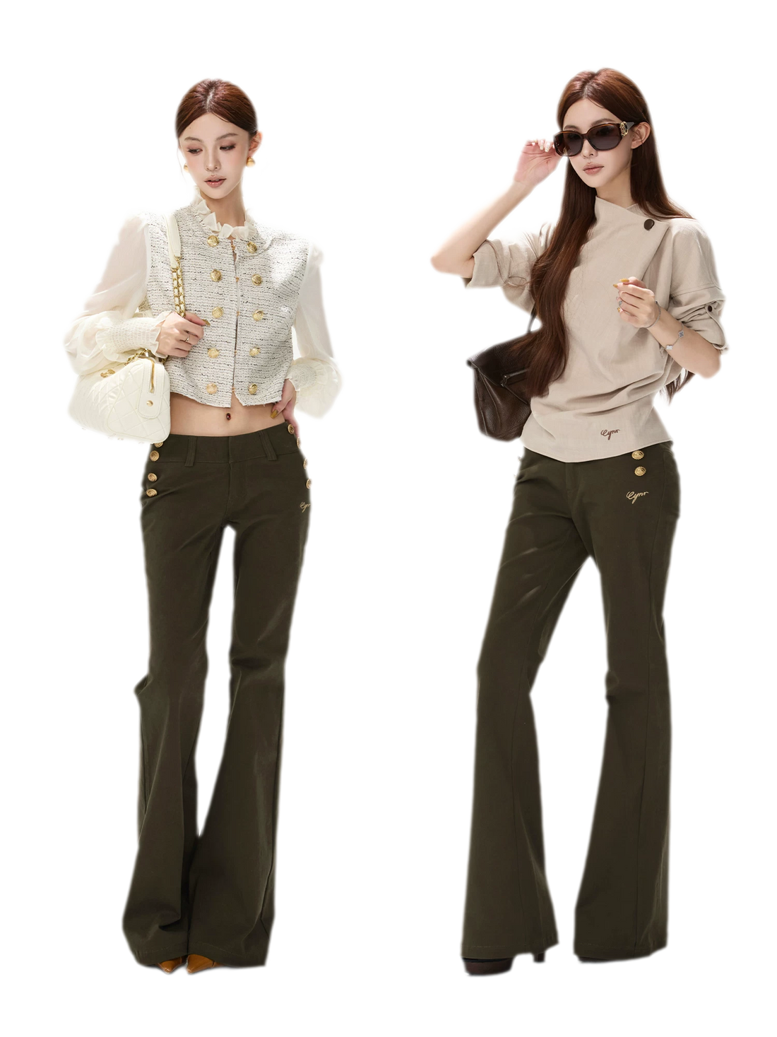Low-Rise Metal-Button Flare Pants