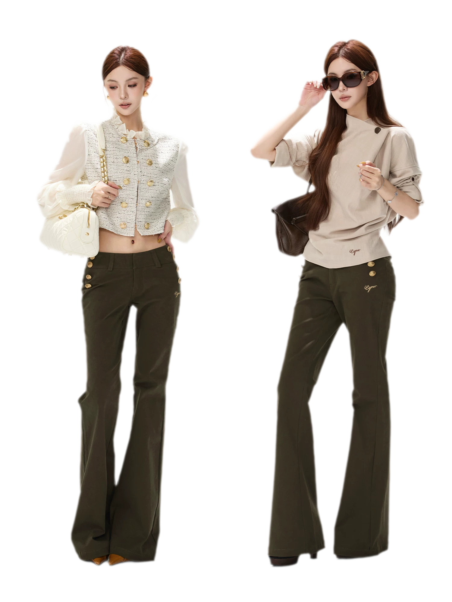 Low-Rise Metal-Button Flare Pants