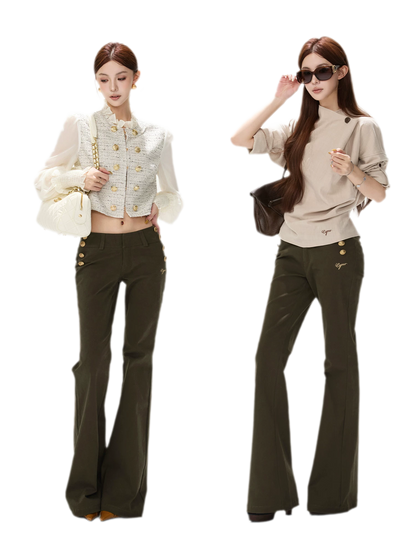 Low-Rise Metal-Button Flare Pants