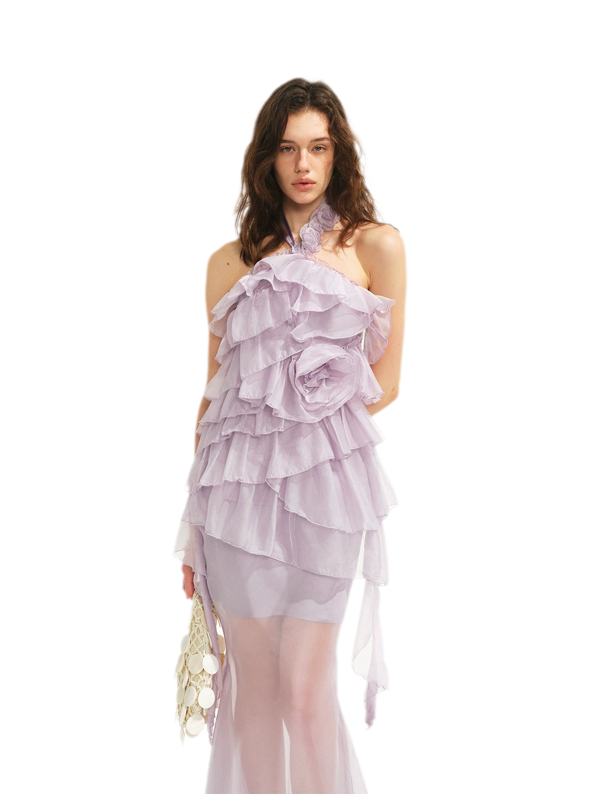 Sheer Rose Halter Fishtail Dress
