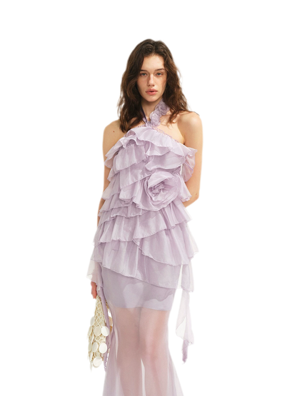 Sheer Rose Halter Fishtail Dress