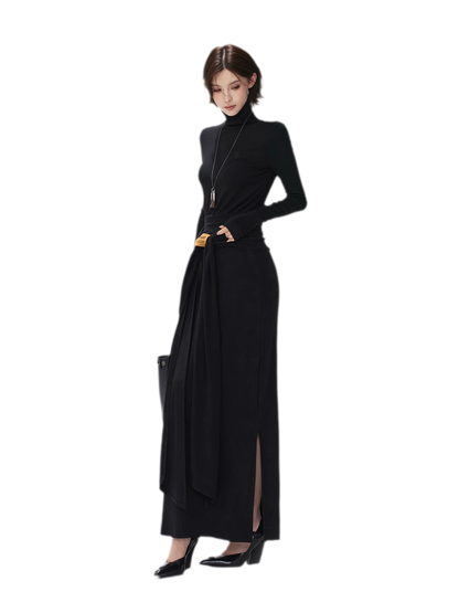 Turtleneck Ruched Waist Knit Dress