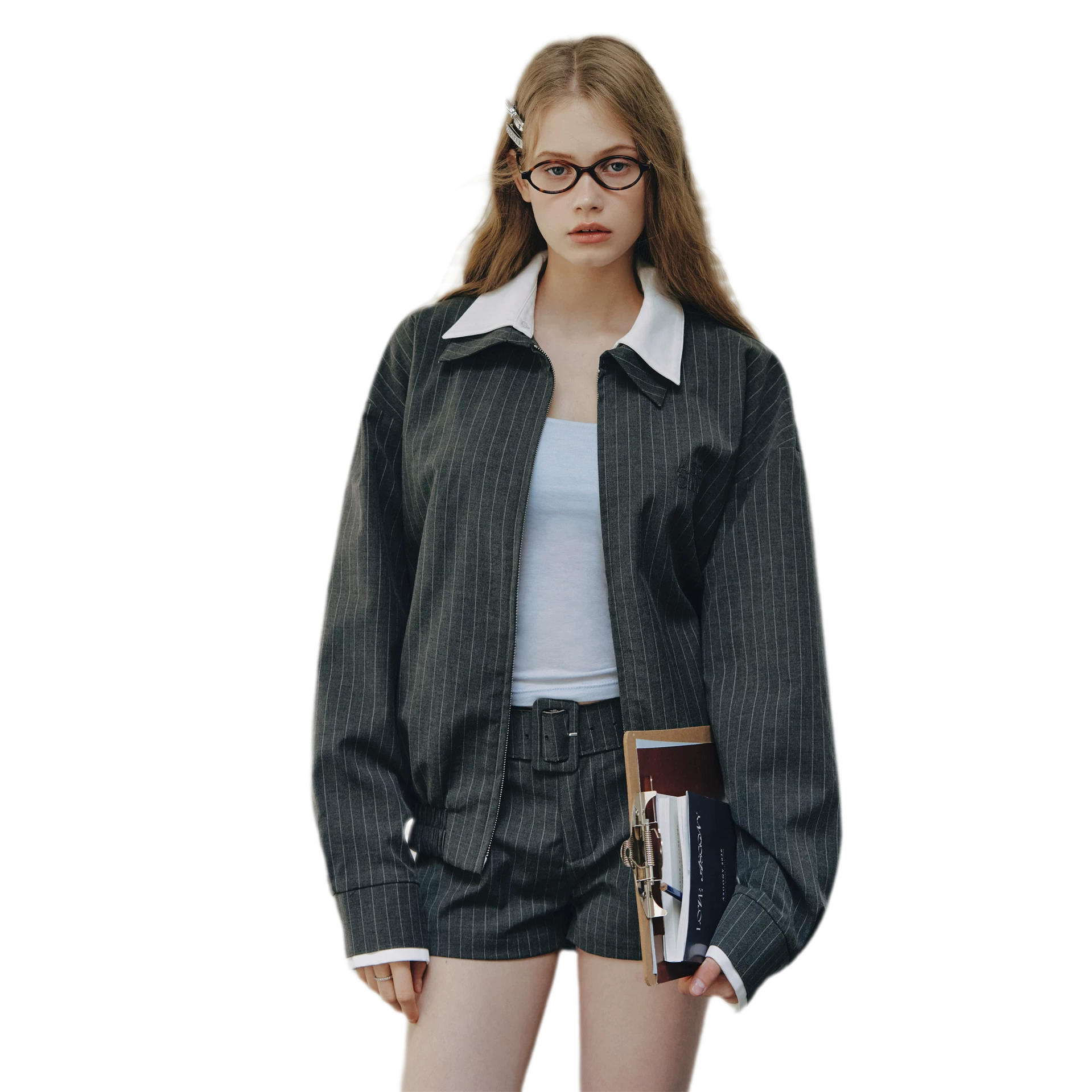 Pinstripe Belted Jacket Shorts Set