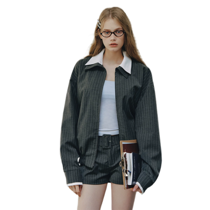 Pinstripe Belted Jacket Shorts Set