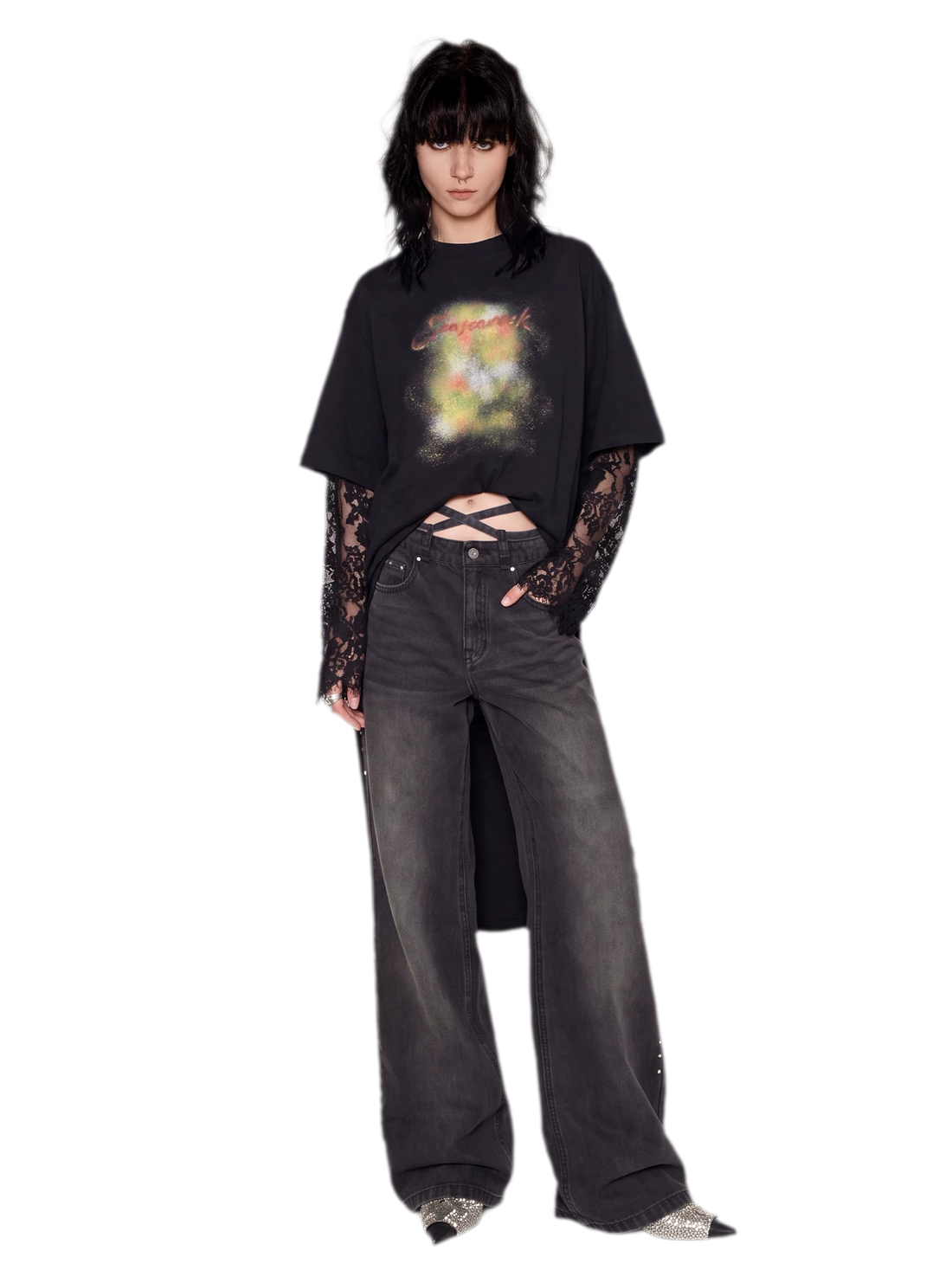 Rhinestone Micro-Flare Cotton Jeans