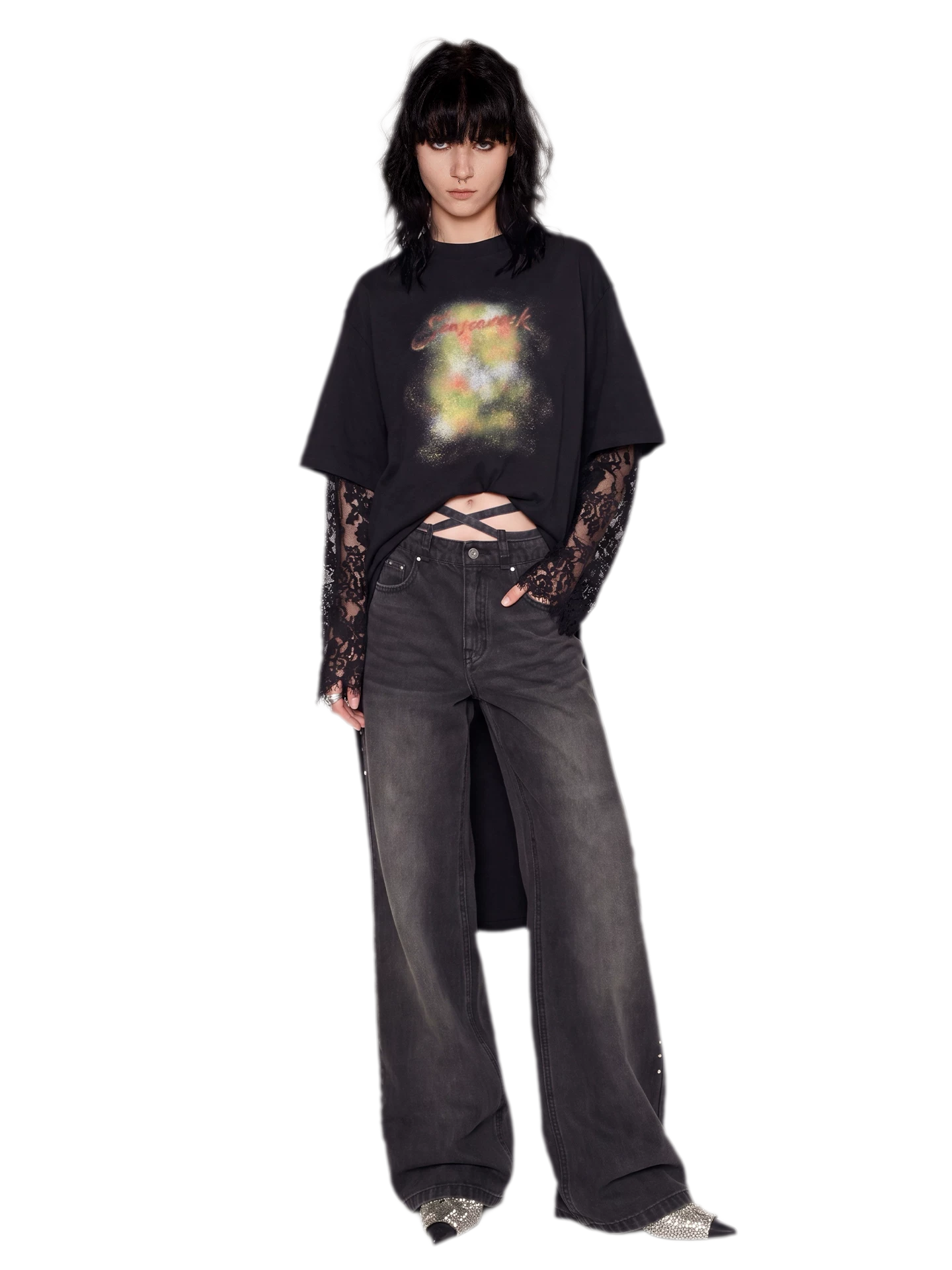 Rhinestone Micro-Flare Cotton Jeans