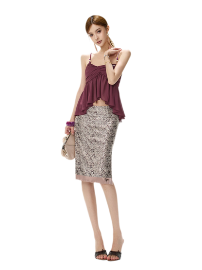 Purple Sequin Slit Skirt