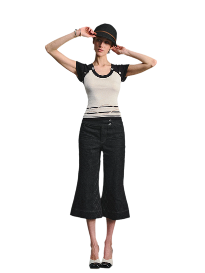 Color Block U-Neck Short Sleeve T-Shirt
