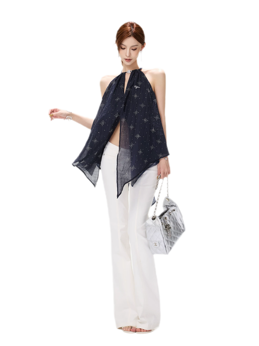 Rhinestone Asymmetric Halter Chiffon Top