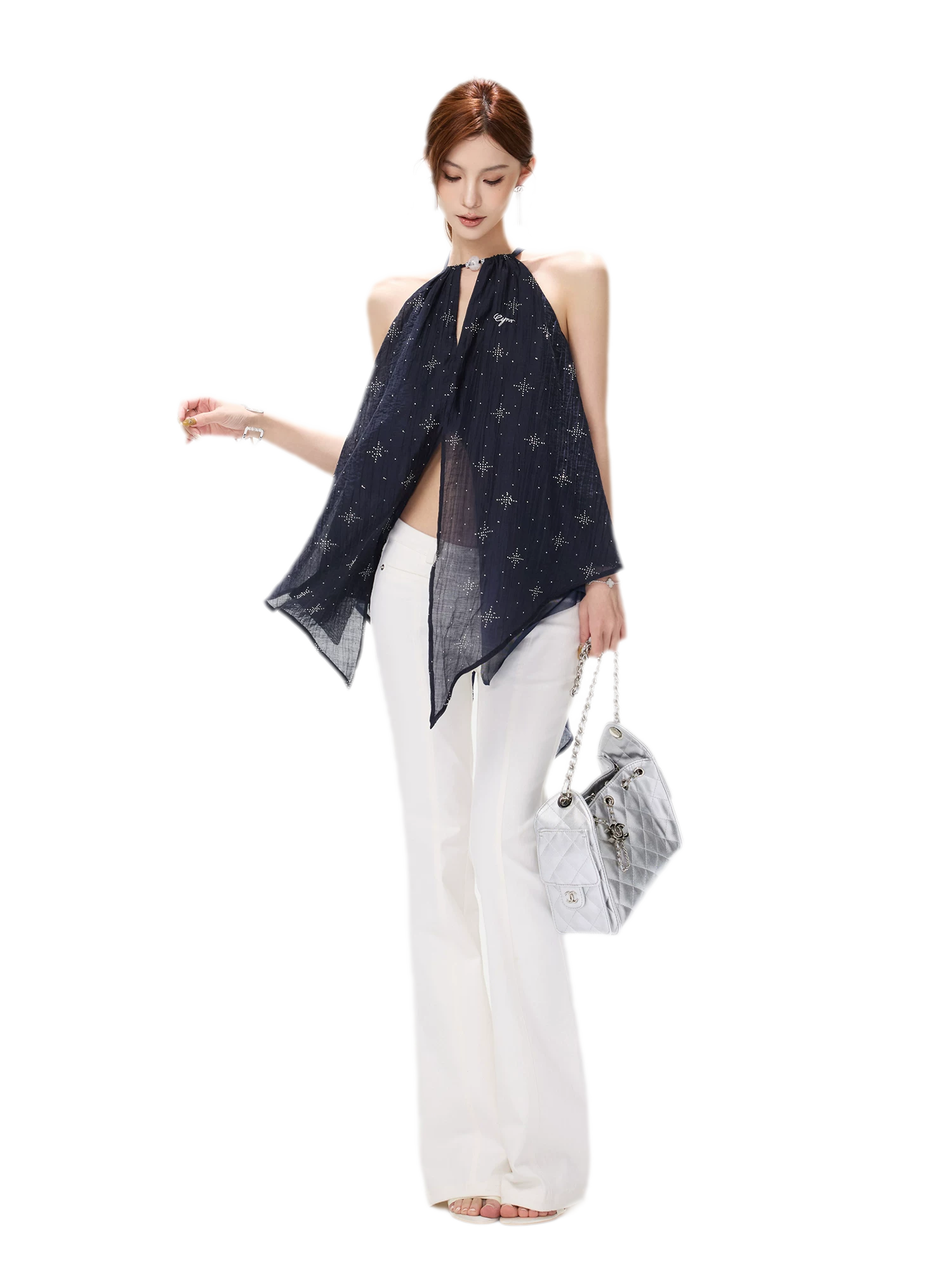 Rhinestone Asymmetric Halter Chiffon Top