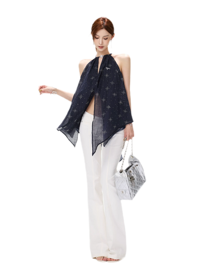 Rhinestone Asymmetric Halter Chiffon Top