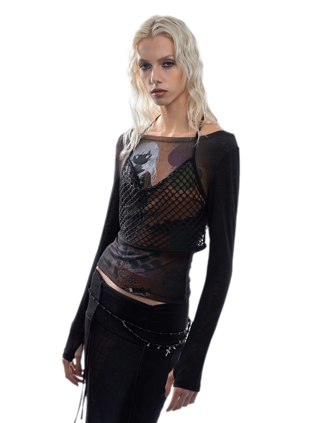 Printed Mesh Fitted Long-Sleeve Top