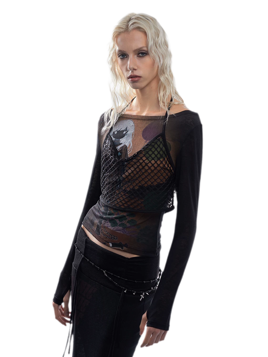 Printed Mesh Fitted Long-Sleeve Top