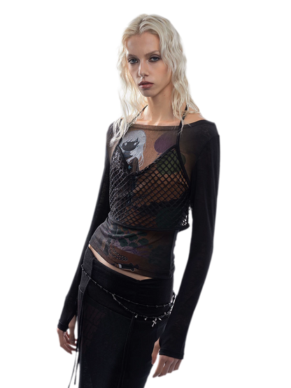 Printed Mesh Fitted Long-Sleeve Top