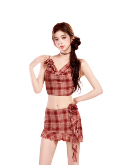 Plaid Cowl Neck Skort Set