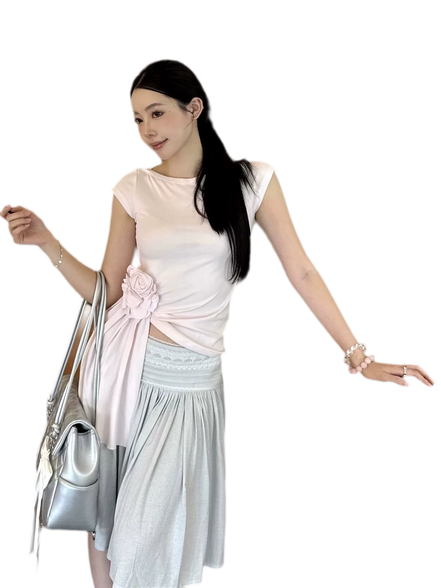 Asymmetric Flower Short Sleeve Top
