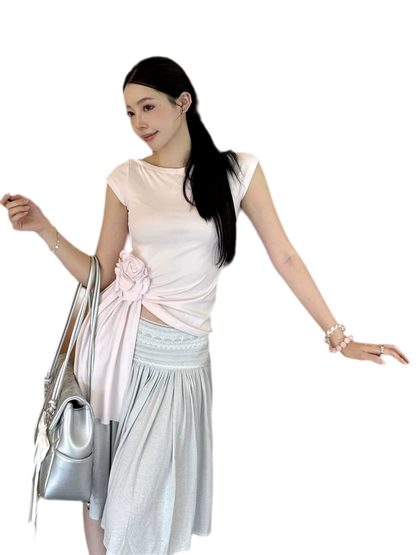 Asymmetric Flower Short Sleeve Top