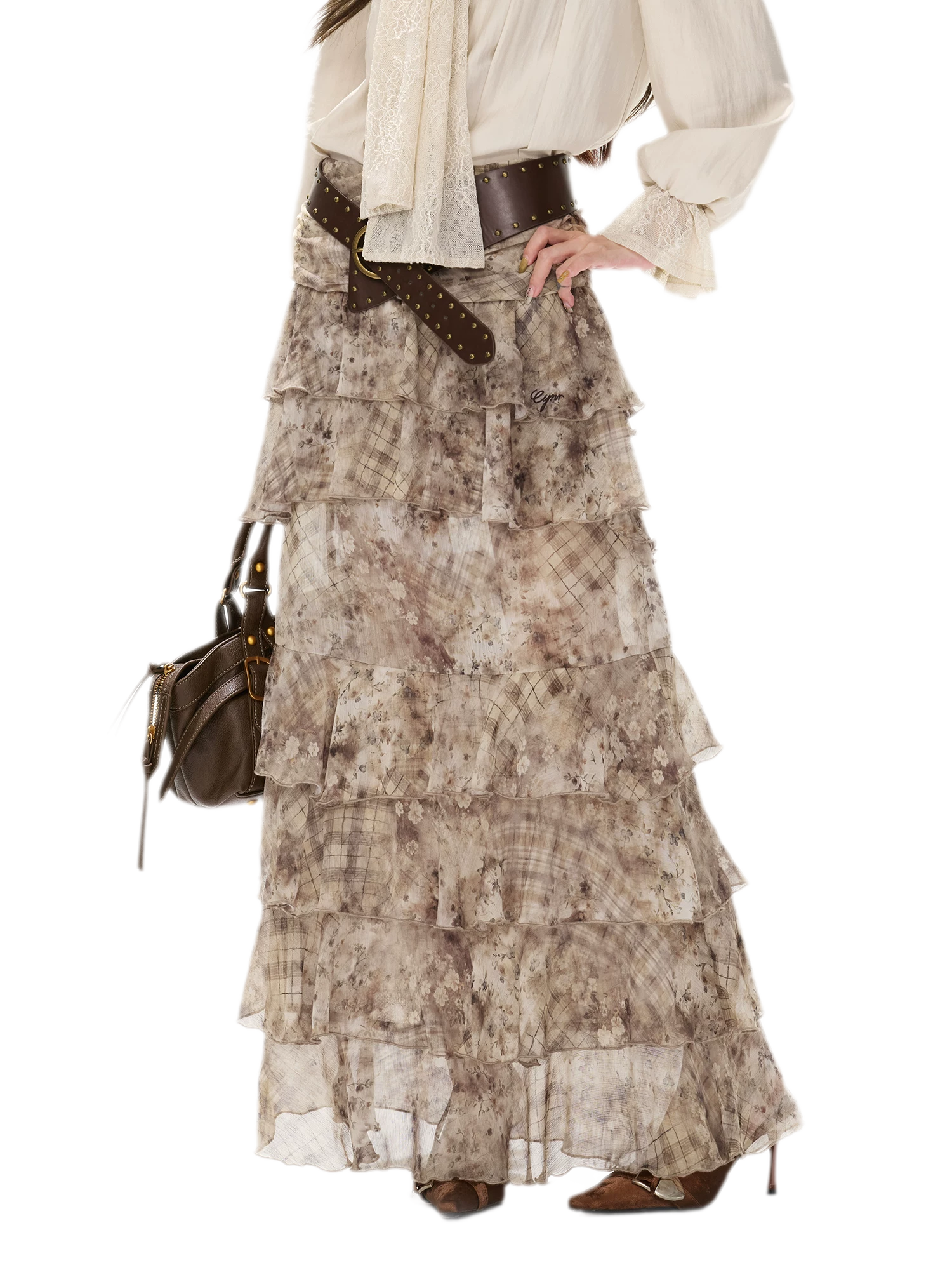 Vintage Ruffle Chiffon Maxi Skirt