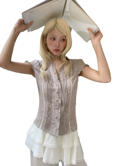 Ruffle Lace Waist-Trim Short Sleeve Shirt