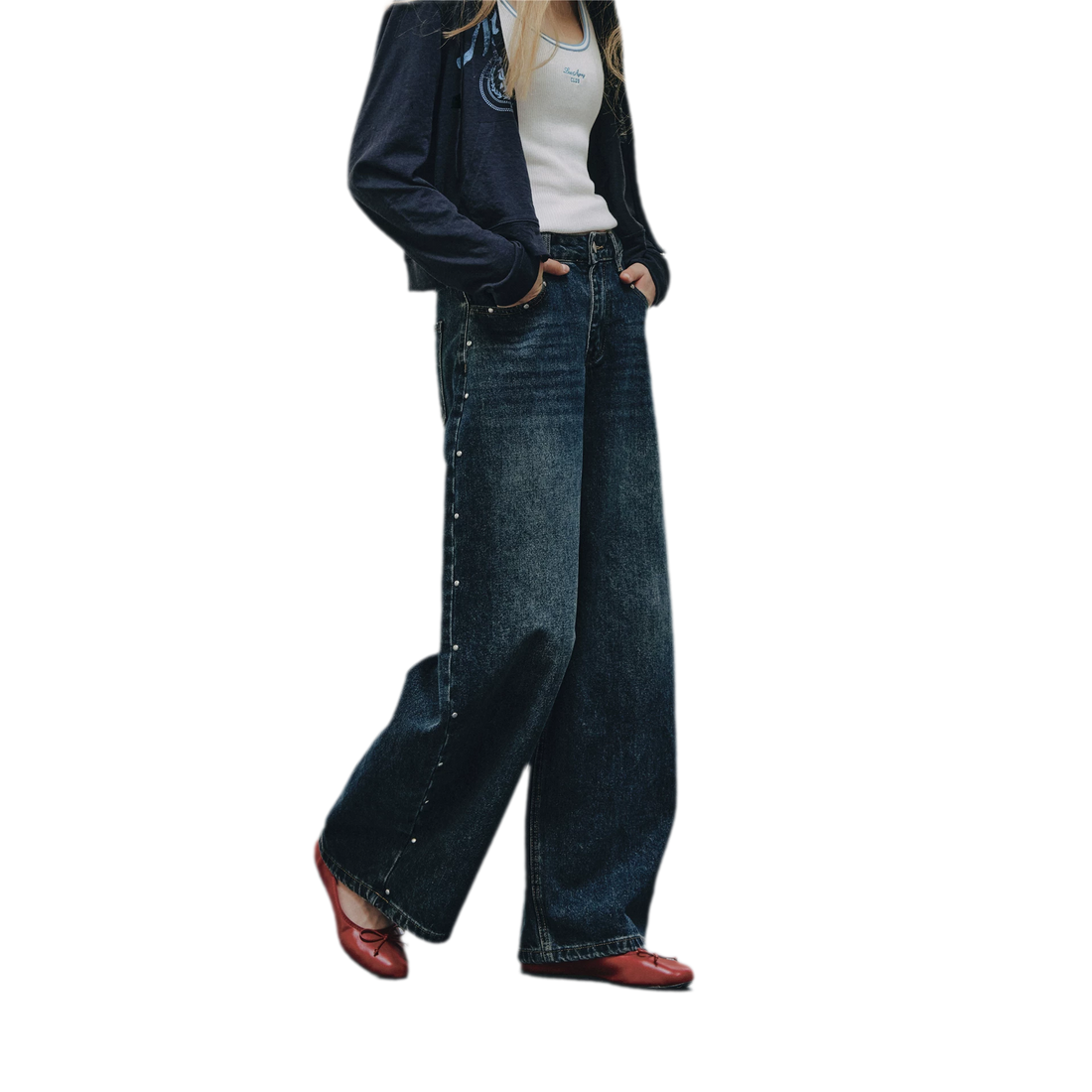 Washed Rivet Curved-Leg Jeans