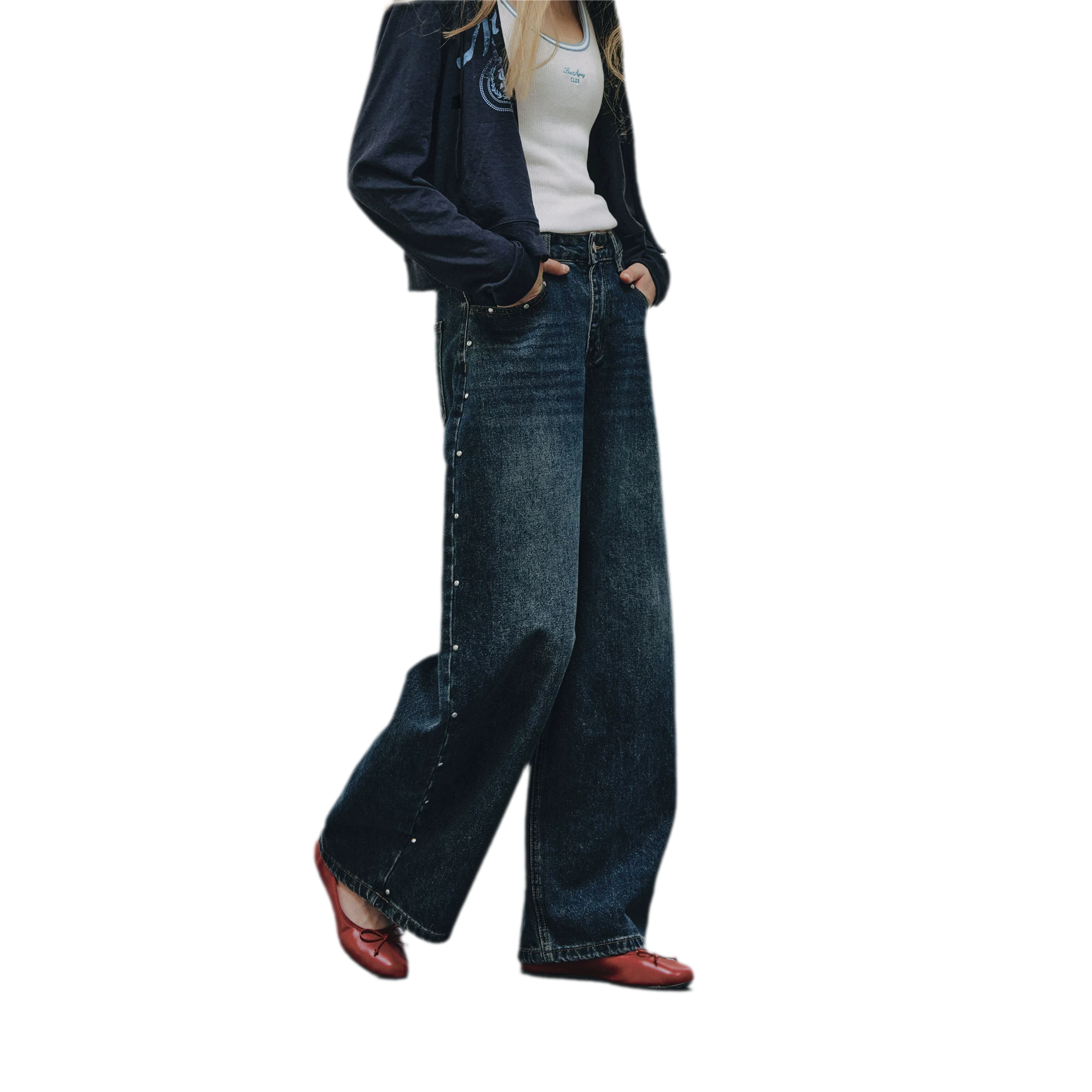 Washed Rivet Curved-Leg Jeans
