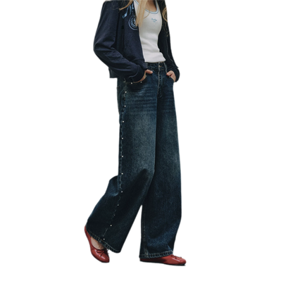 Washed Rivet Curved-Leg Jeans