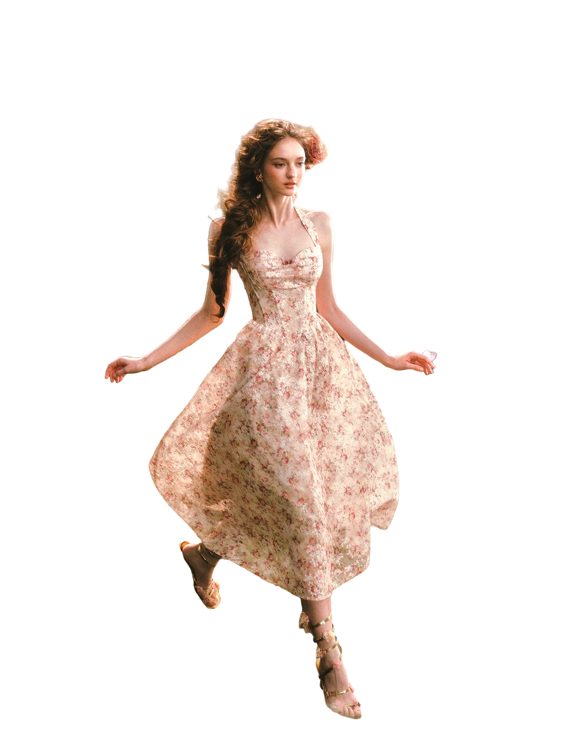 Forest Rose French Retro Floral Halter Long Dress
