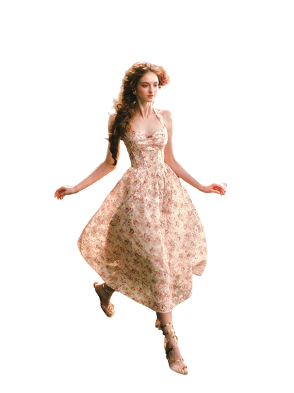 Forest Rose French Retro Floral Halter Long Dress