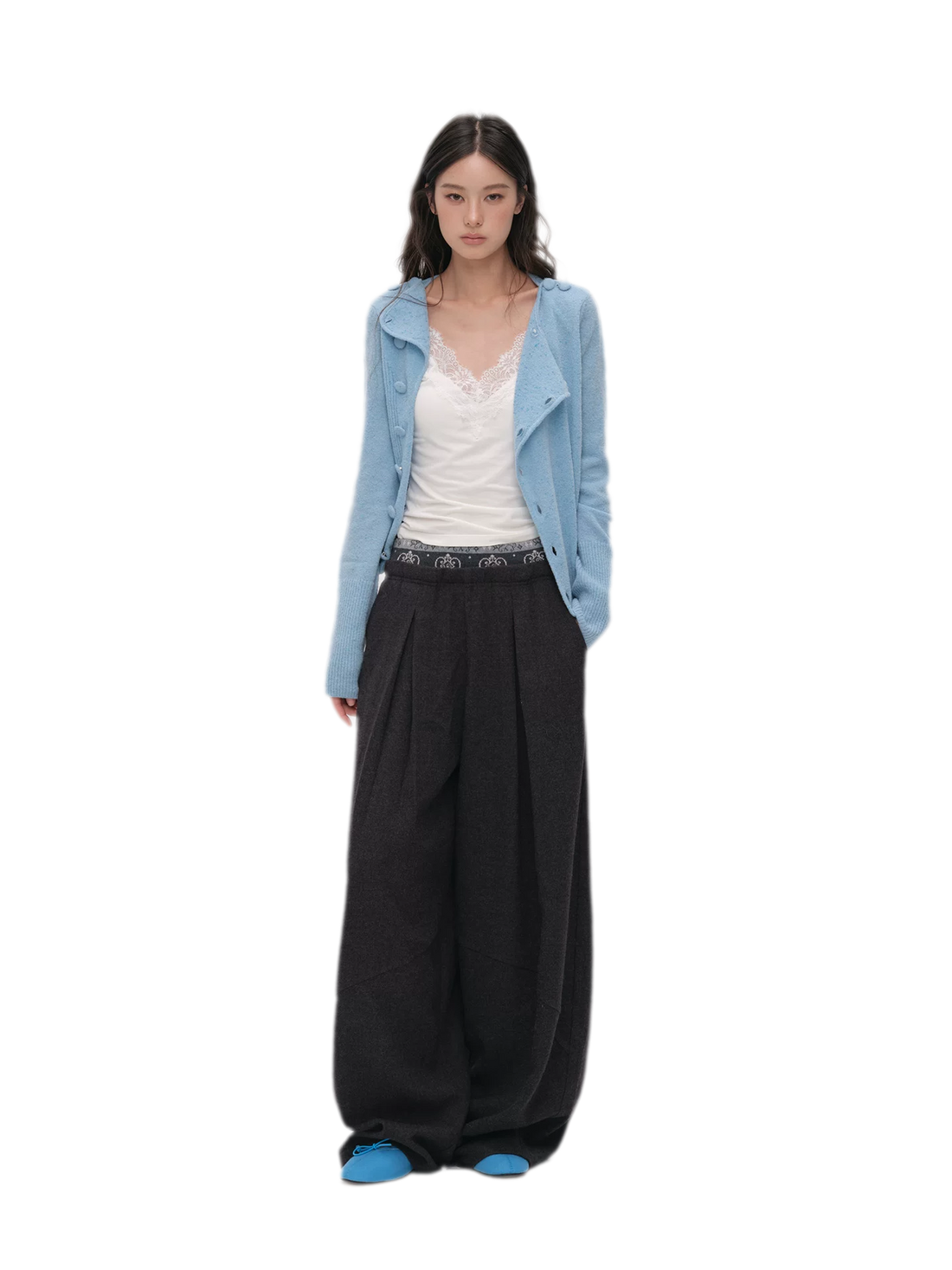 Pleated Contrast Wide-Leg Trousers