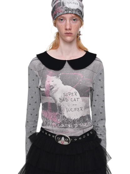 Camiseta de cuello Peter Pan con bloques de color y gato