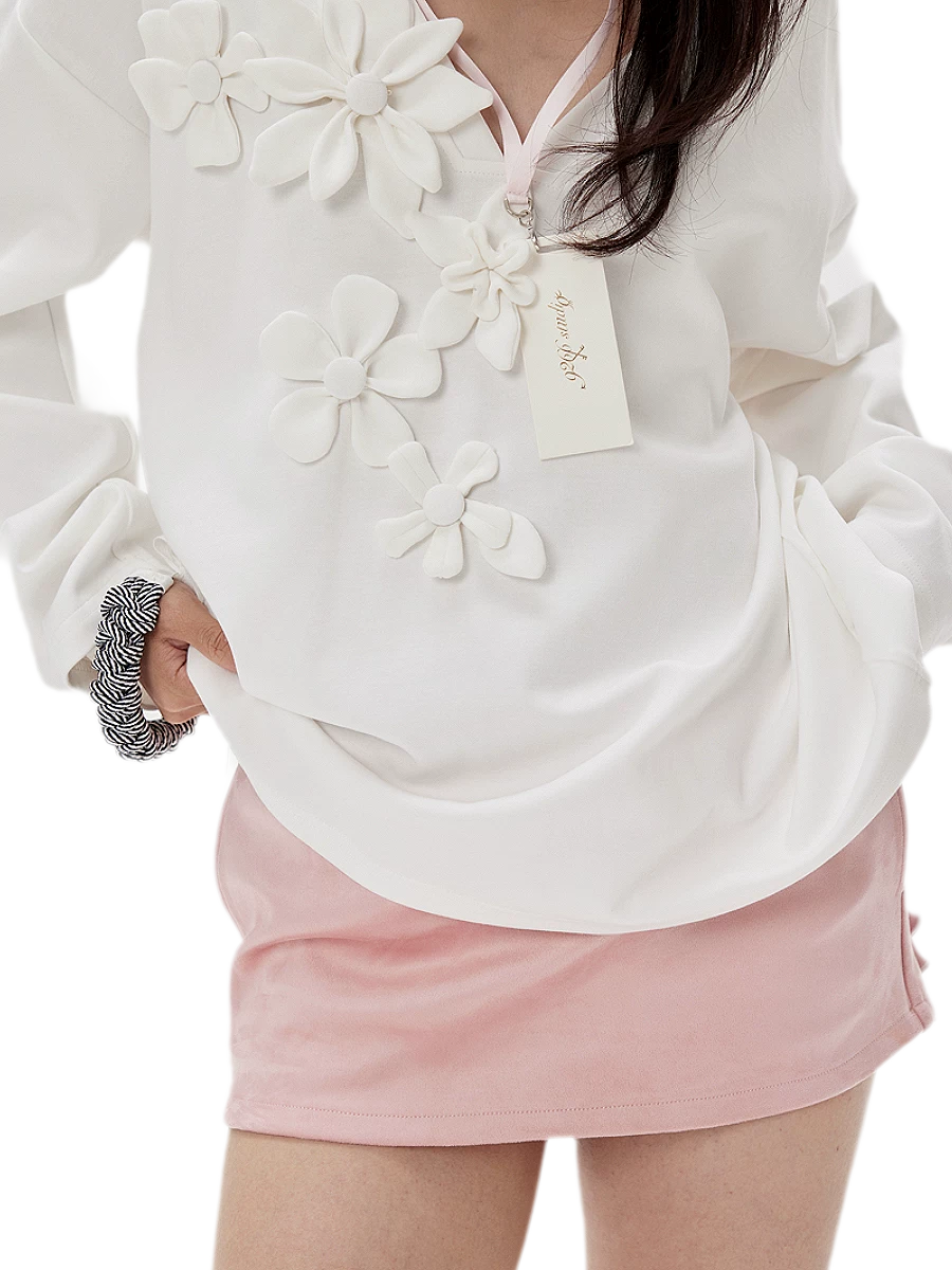 Handmade Flower Appliqué V-Neck Sweatshirt