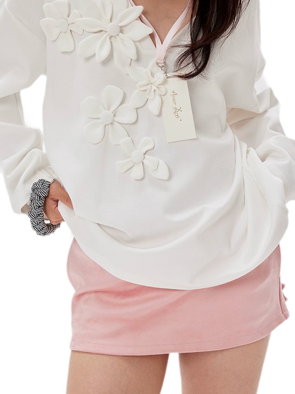 Handmade Flower Appliqué V-Neck Sweatshirt