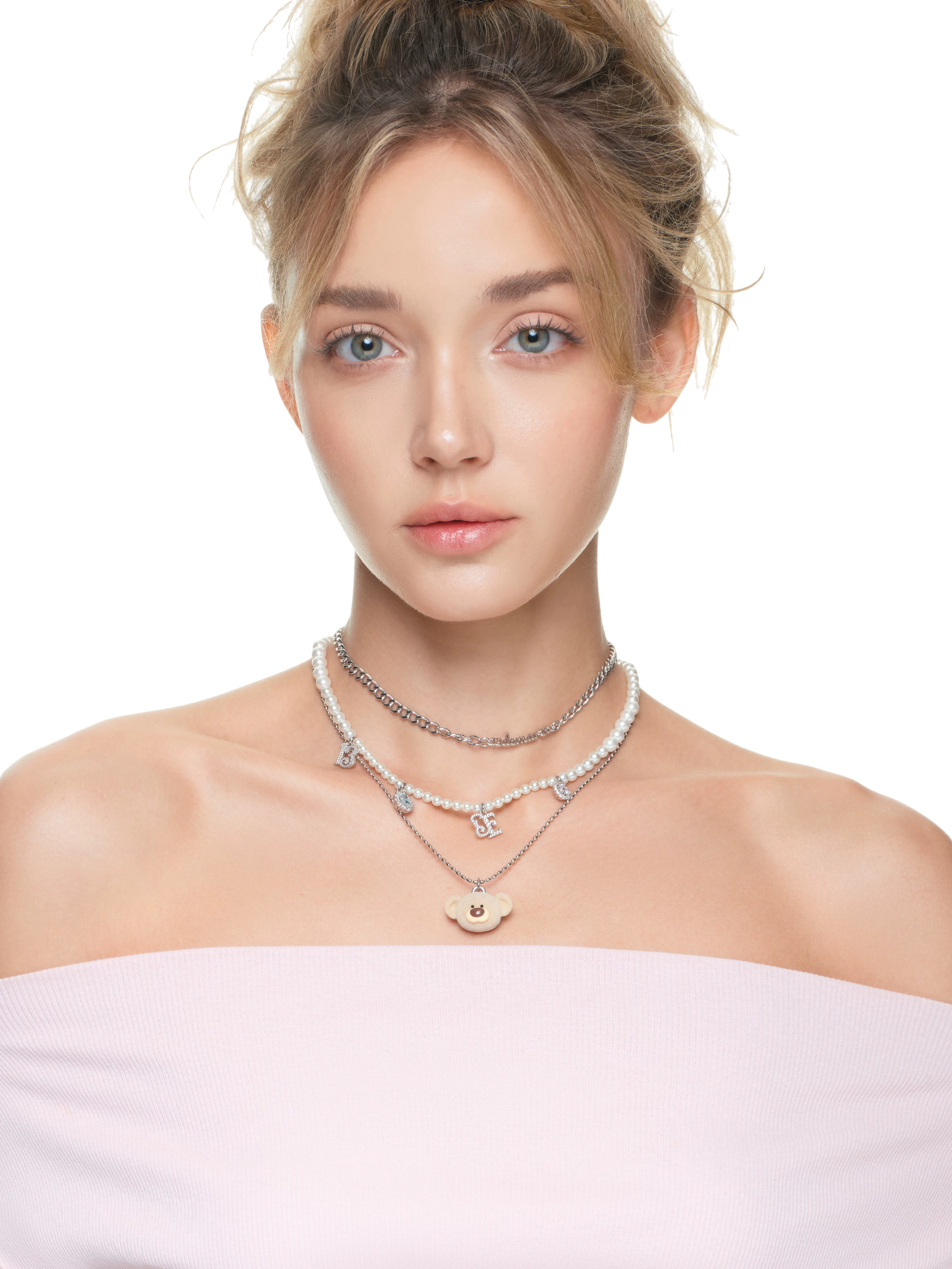 Layered Bear Pendant Necklace in Silver